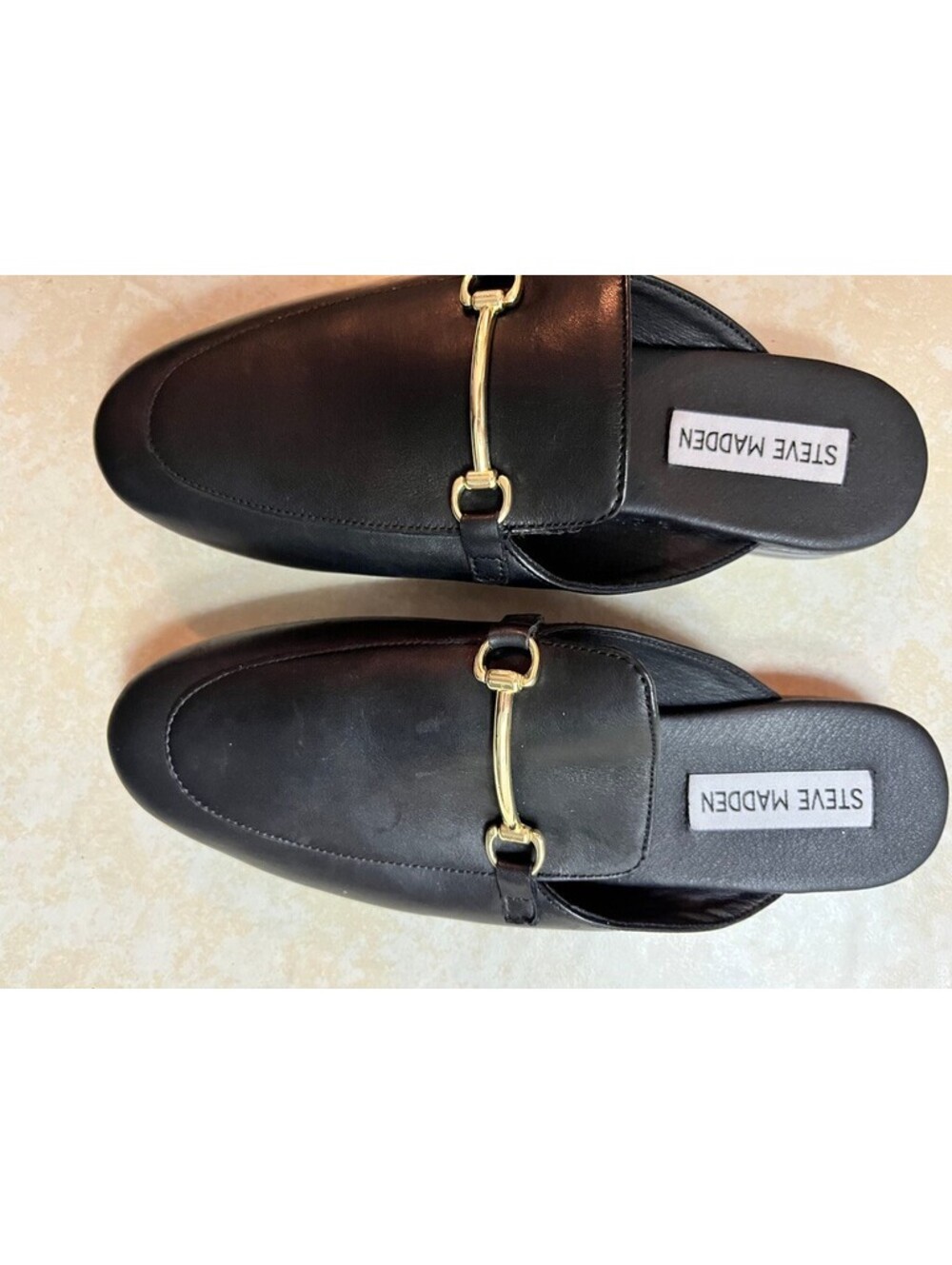 Steve Madden Black Leather Slip-On Loafers with Gold Buckle